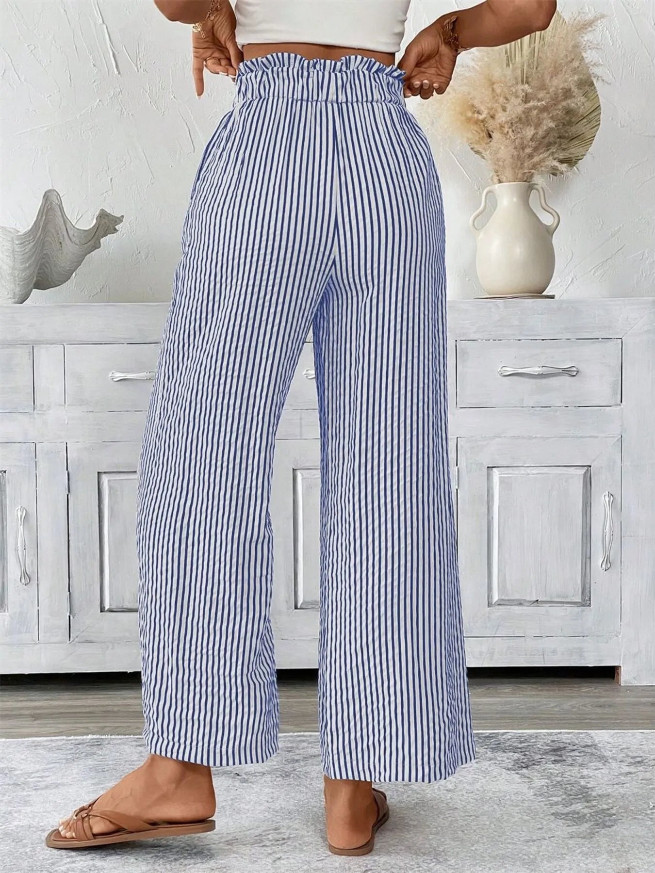 Full Size Striped Wide Leg Paper Bag Pants Plus Size OutfitFlow