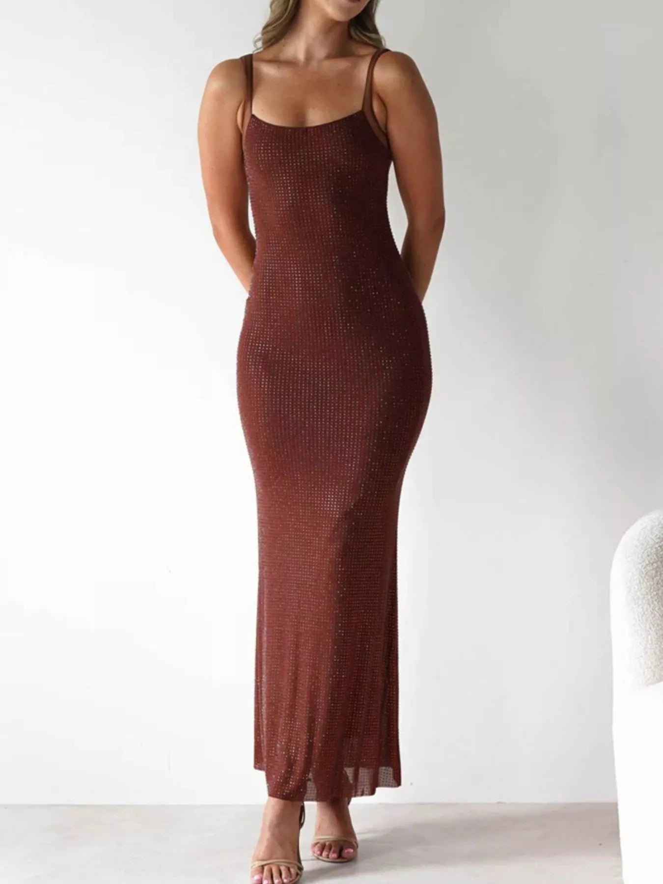 Backless Sleeveless Bodycon Maxi Dress Rust OutfitFlow