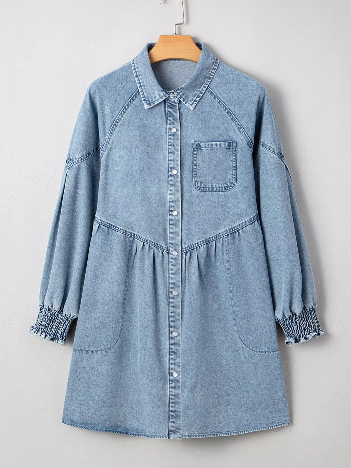 Smocked Cuffs Flared Denim Shirt Mini Dress Trendsi