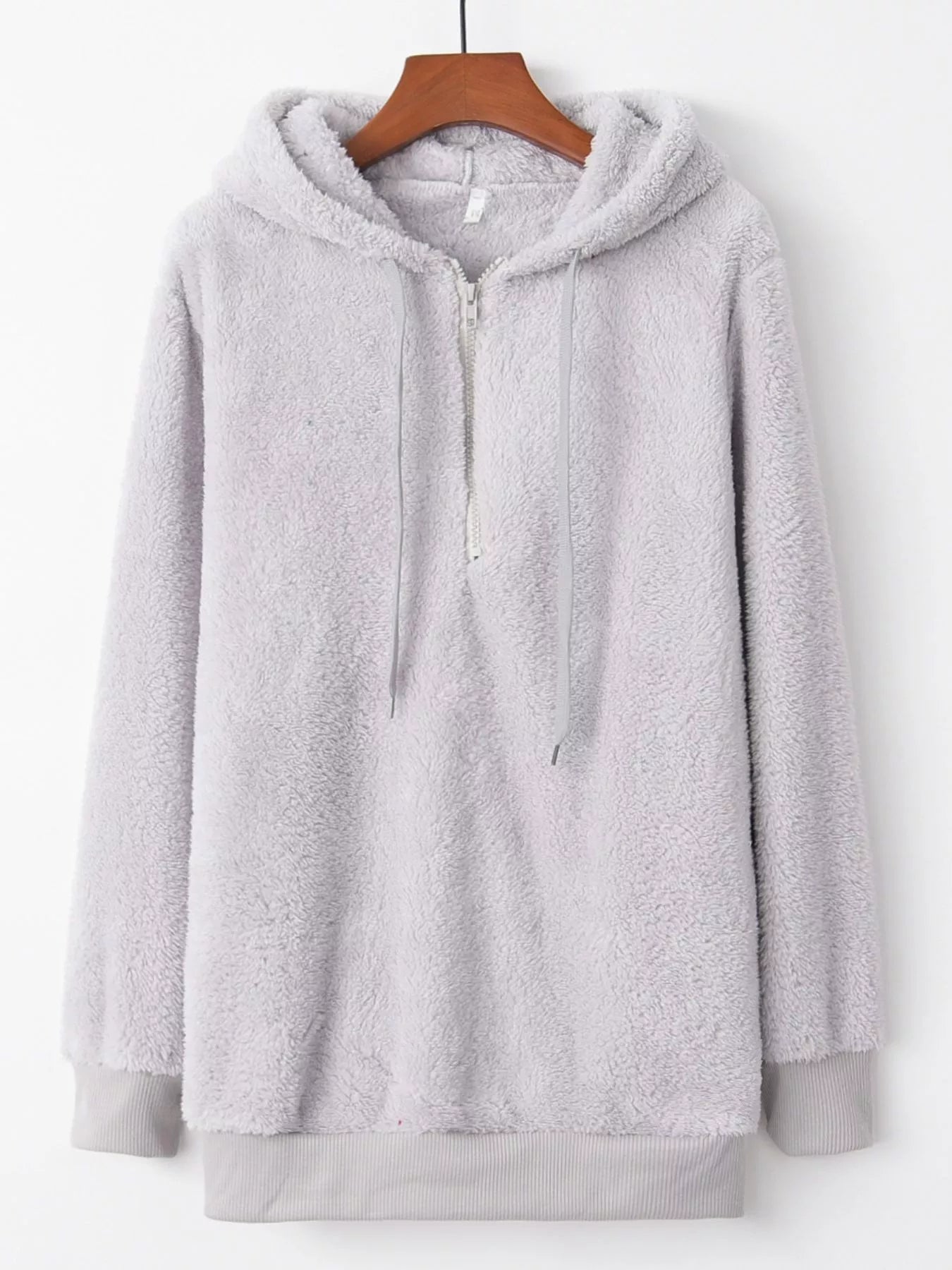 Full Size Half Zip Drawstring Fleece Hoodie Plus Size Light Gray OutfitFlow