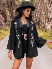 Embroidered Open Front Long Sleeve Cardigan