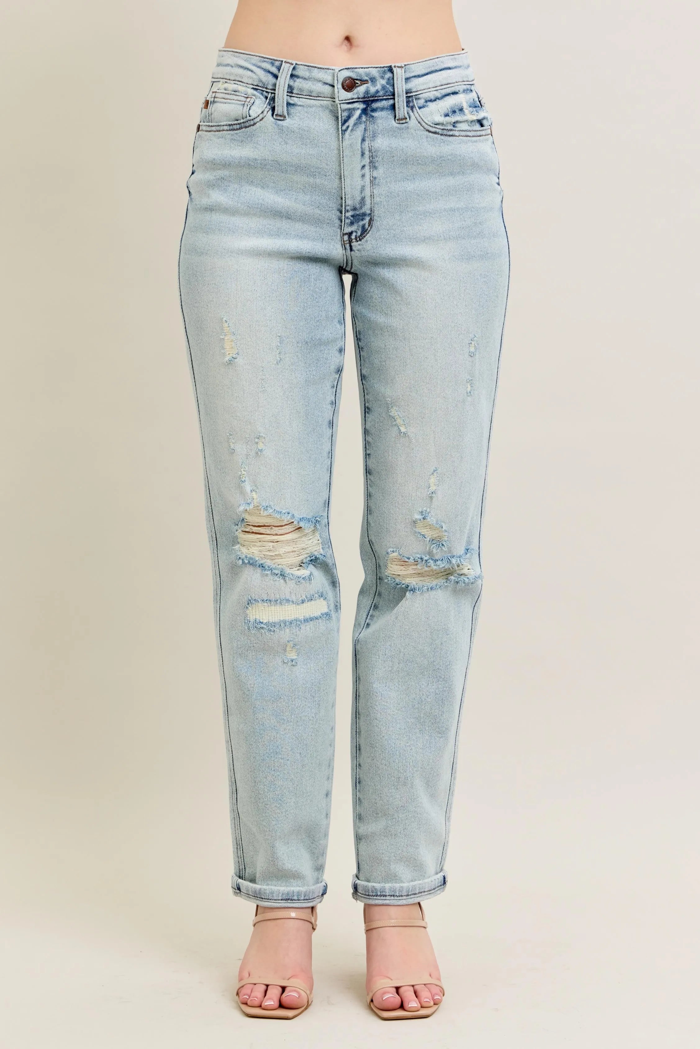Judy Blue Full Size Mr Repair Stitch Detail Destroy Single Cuff Bf Jeans Plus Size OutfitFlow