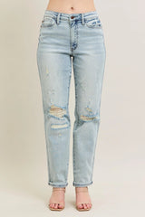 Judy Blue Full Size Mr Repair Stitch Detail Destroy Single Cuff Bf Jeans Plus Size OutfitFlow
