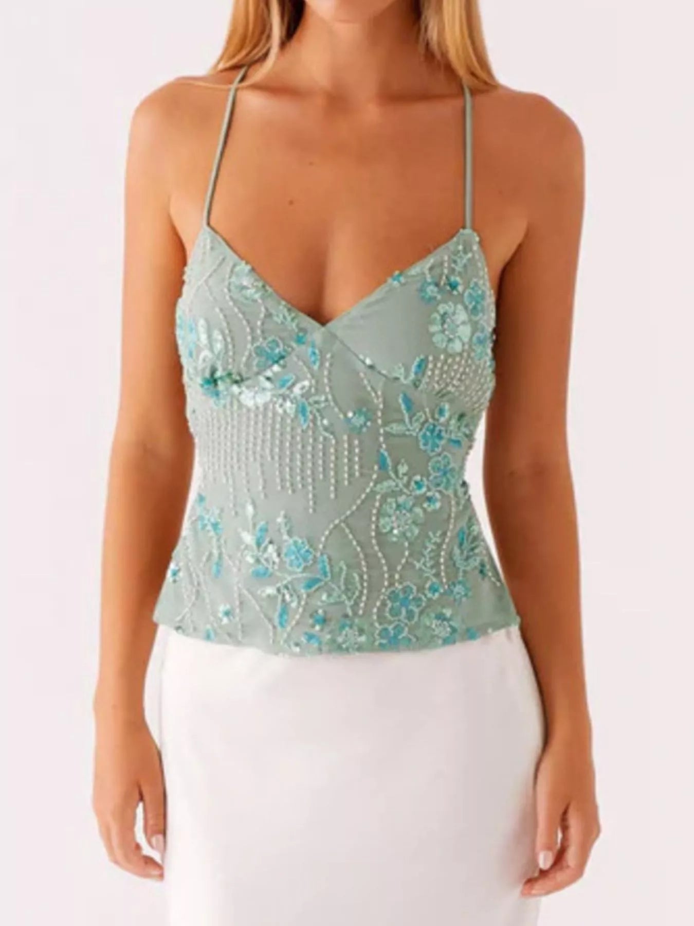 Embroidered Sequin Tie Back Cami OutfitFlow