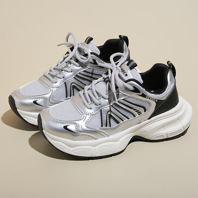 Lace-Up Platform Athletic Shoes Silver OutfitFlow