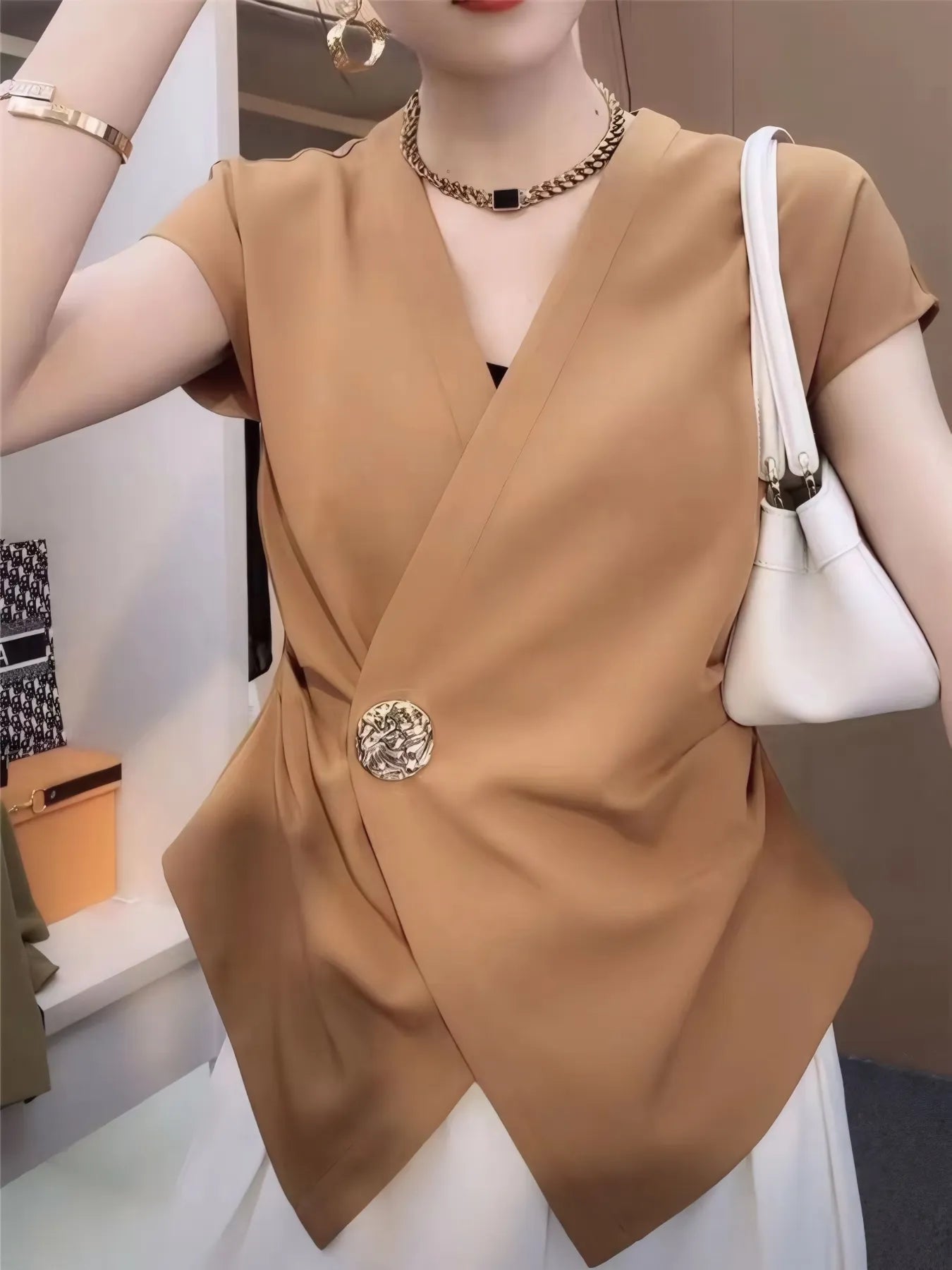 Plus Size Wrap Front Blouse with Decorative Button Detail OutfitFlow