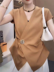 Plus Size Wrap Front Blouse with Decorative Button Detail OutfitFlow