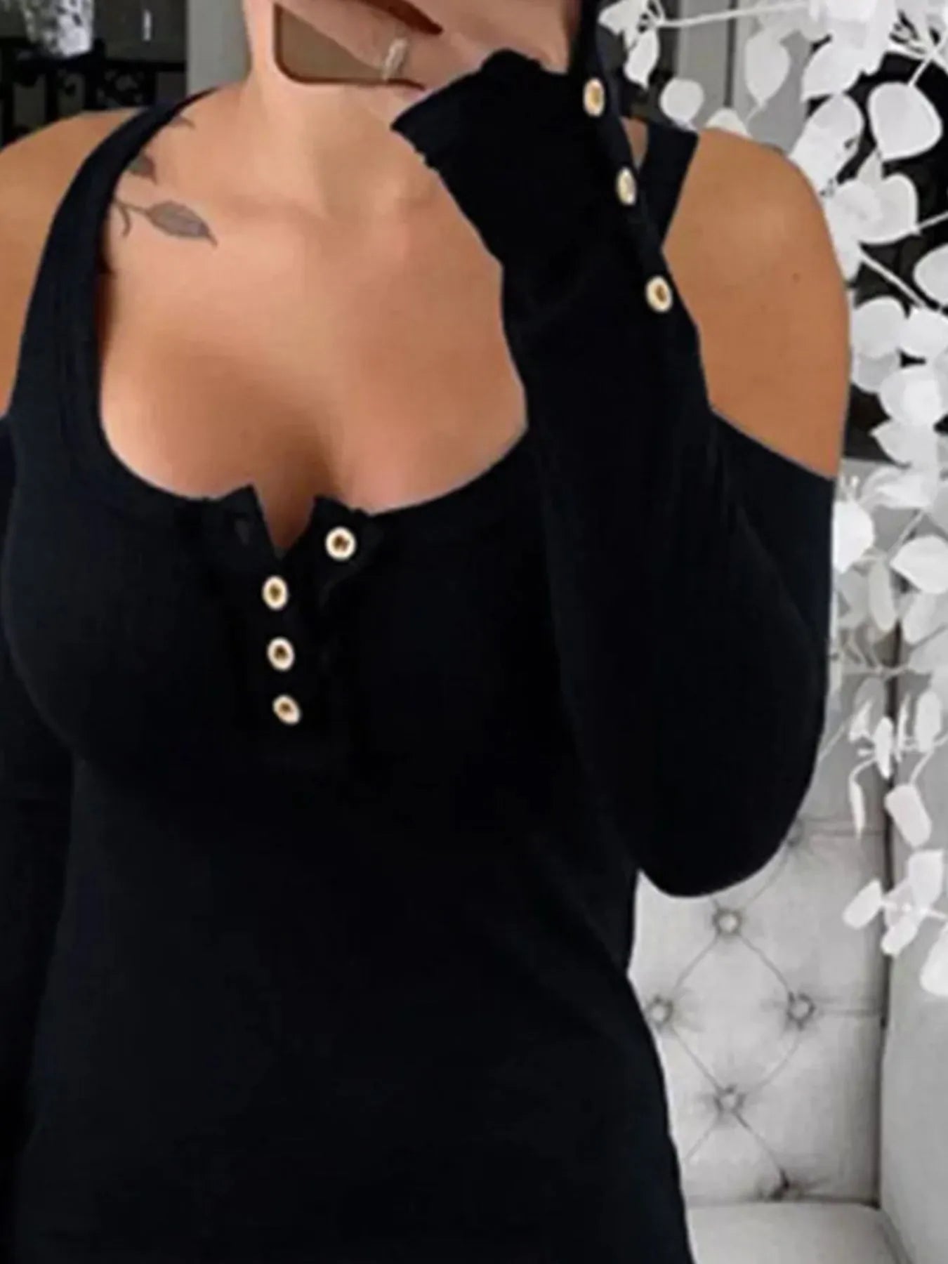 Cold Shoulder Ribbed Henley T-Shirt with Button Detail Black OutfitFlow