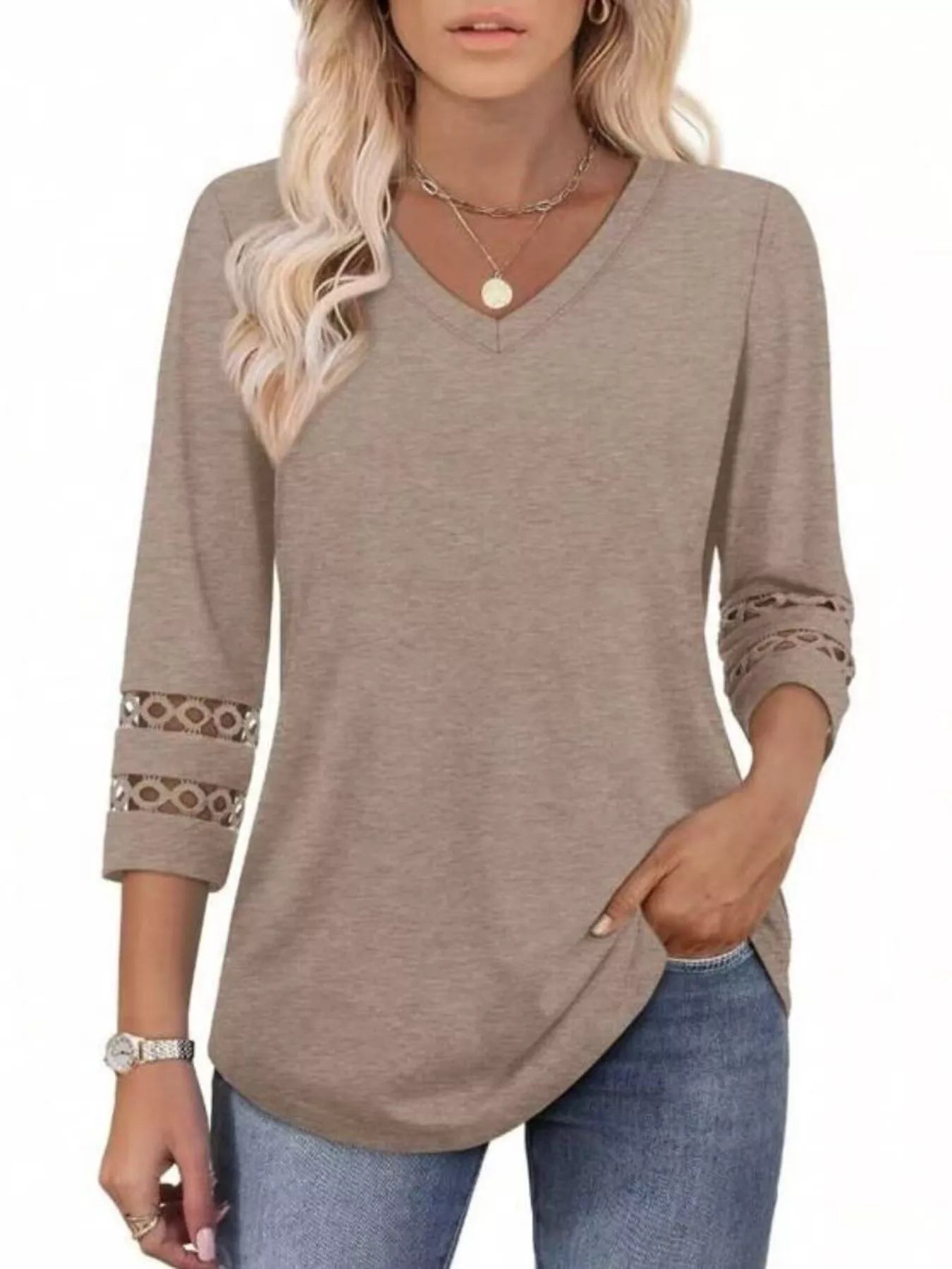Full Size V-Neck 3/4 Sleeve T-Shirt Plus Size OutfitFlow