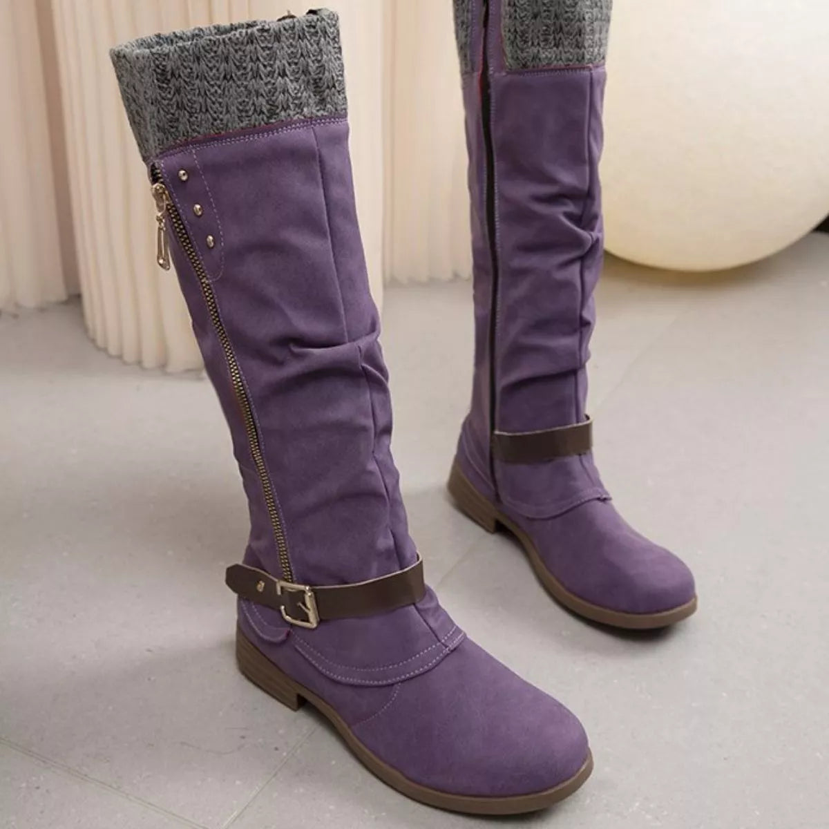 Knee High Slouch Boots with Knit Cuff Purple OutfitFlow