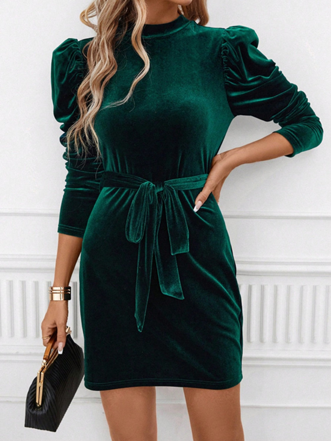 Mock Neck Tie Waist Puff Sleeve Mini Dress