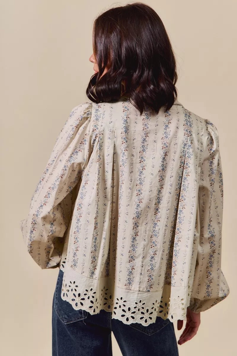 SO ME Floral Print Lace Button Down Shirt OutfitFlow