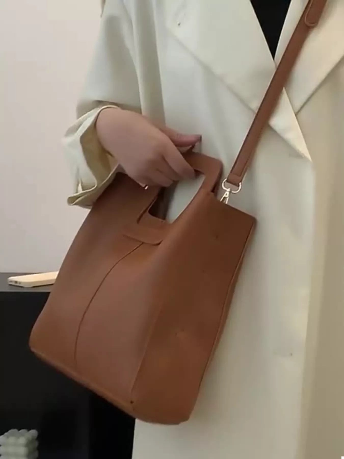 Square Handle PU Leather Crossbody Bag Brown One Size OutfitFlow