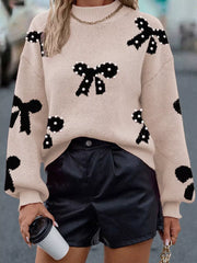 Pearl Embellished Bow Pattern Loose Sweater Dust Storm OutfitFlow