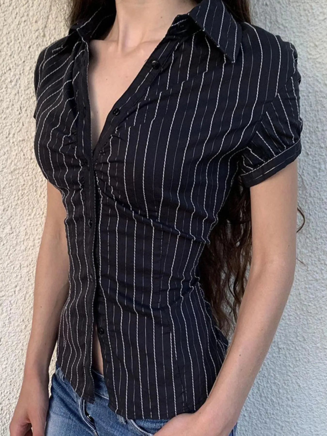 Striped Button-Down Collared Neck Shirt OutfitFlow