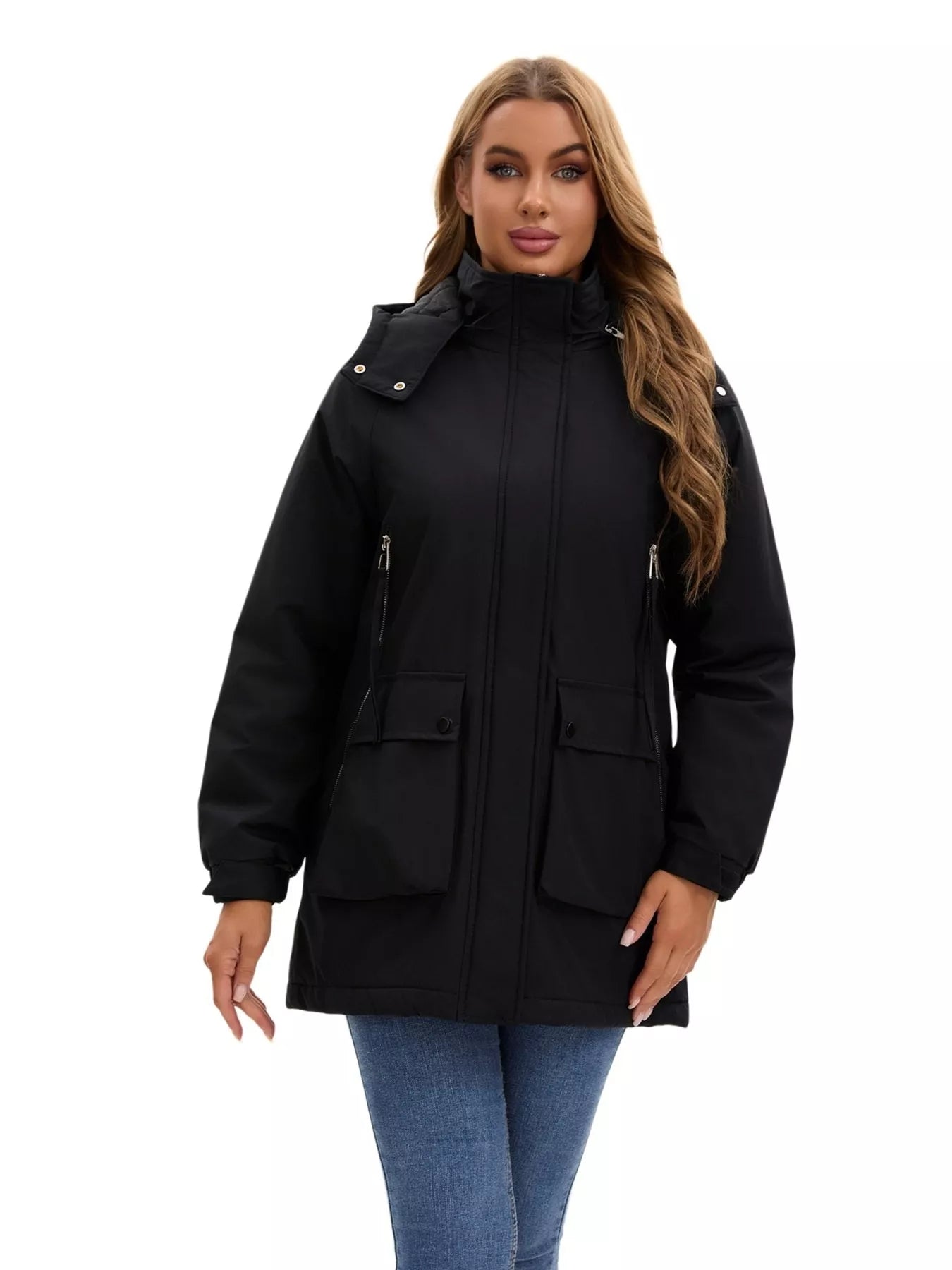 Full Size Zip Up Hooded Parka Outerwear Plus Size OutfitFlow