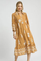 Umgee Ruffled Hem Printed Johnny Collar Midi Dress Mustard OutfitFlow