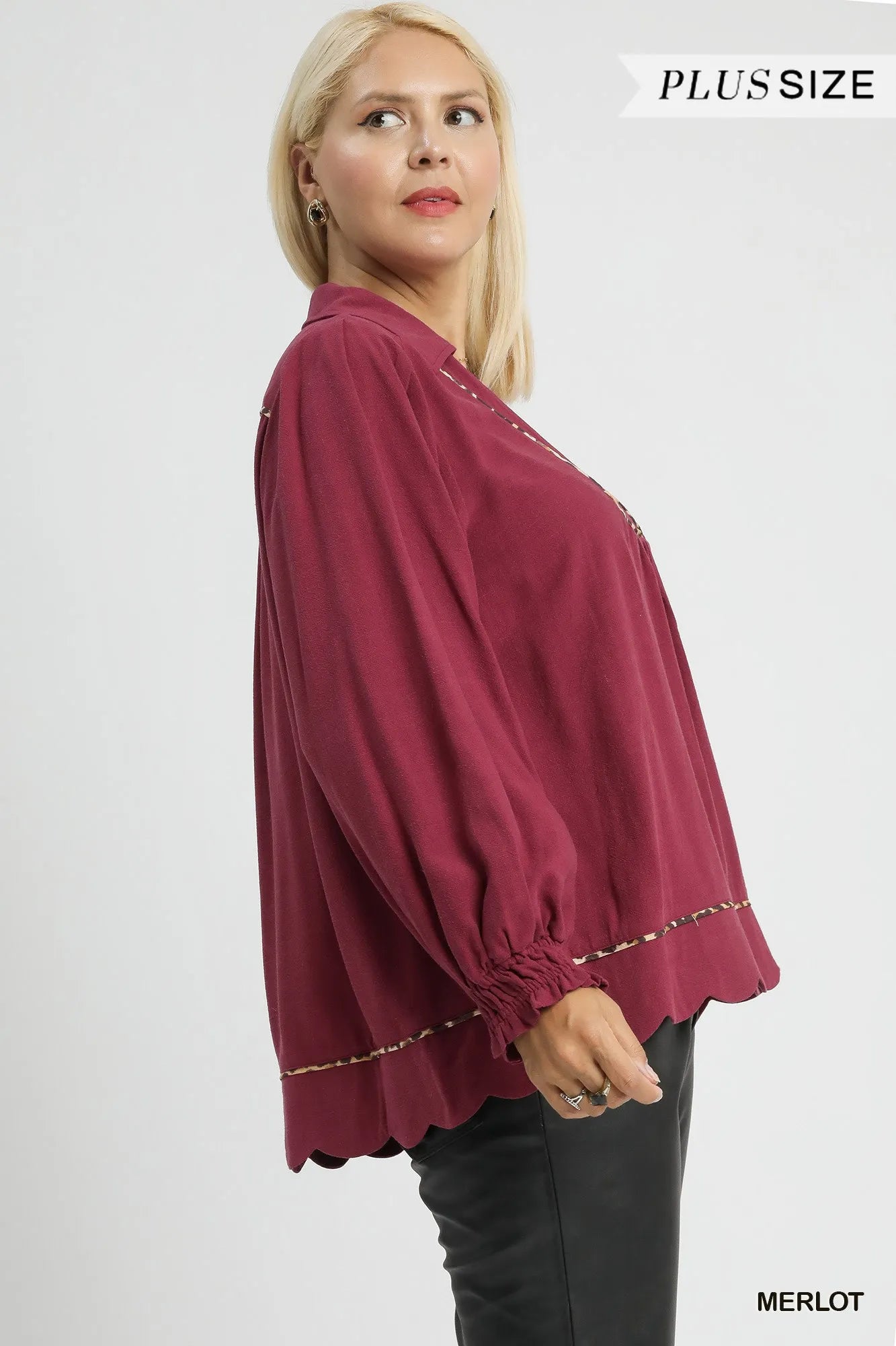 Umgee Full Size Linen Scallop Hem Blouse with Contrast Trim Plus Size Trendsi