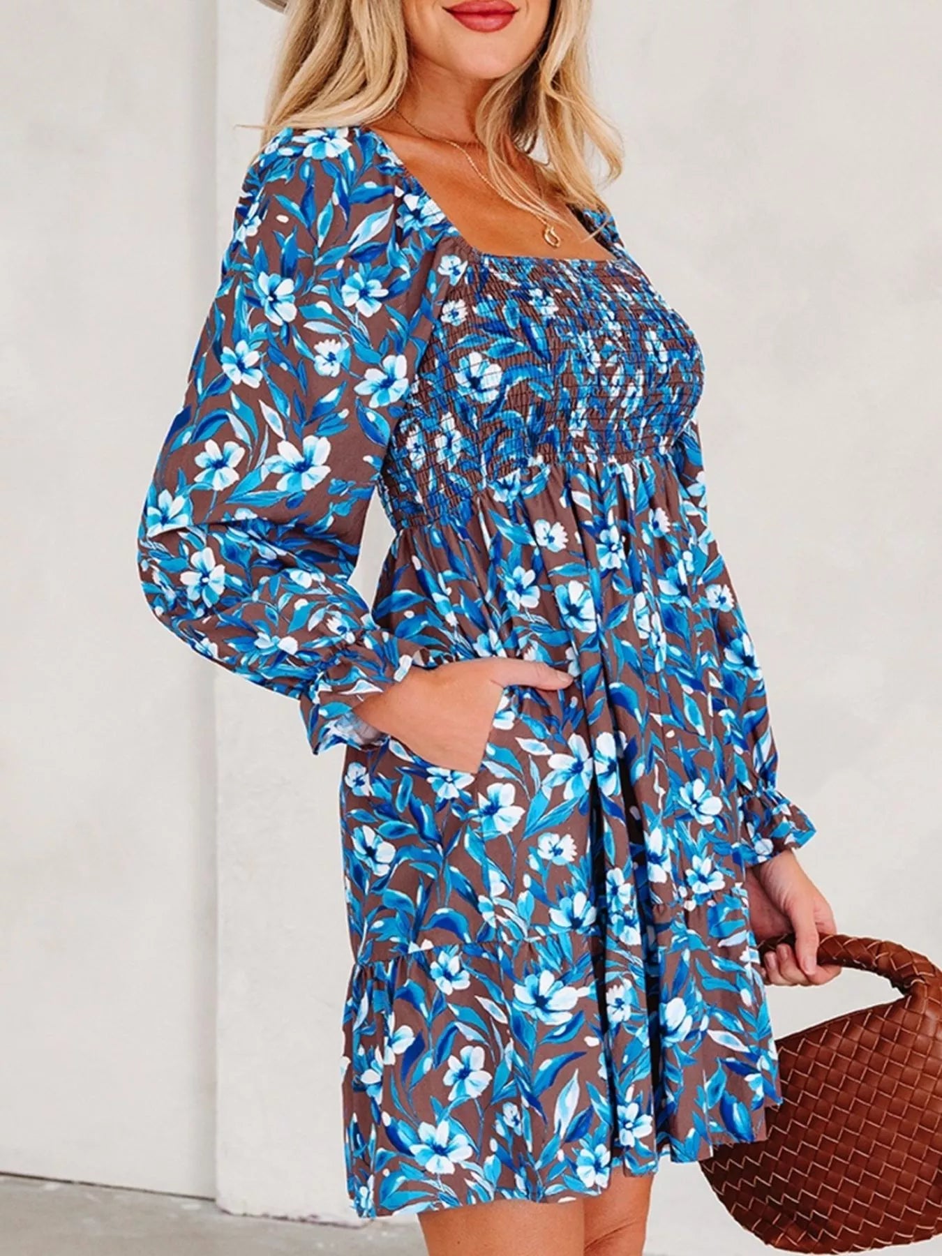 Smocked Bodice High Waist Ruffled Sleeve Floral Dress OutfitFlow