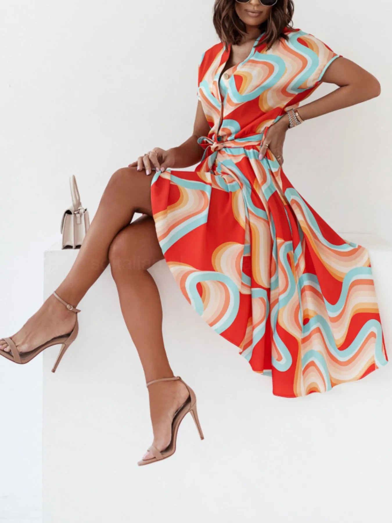 Printed Button Front Midi Dress with Belt OutfitFlow