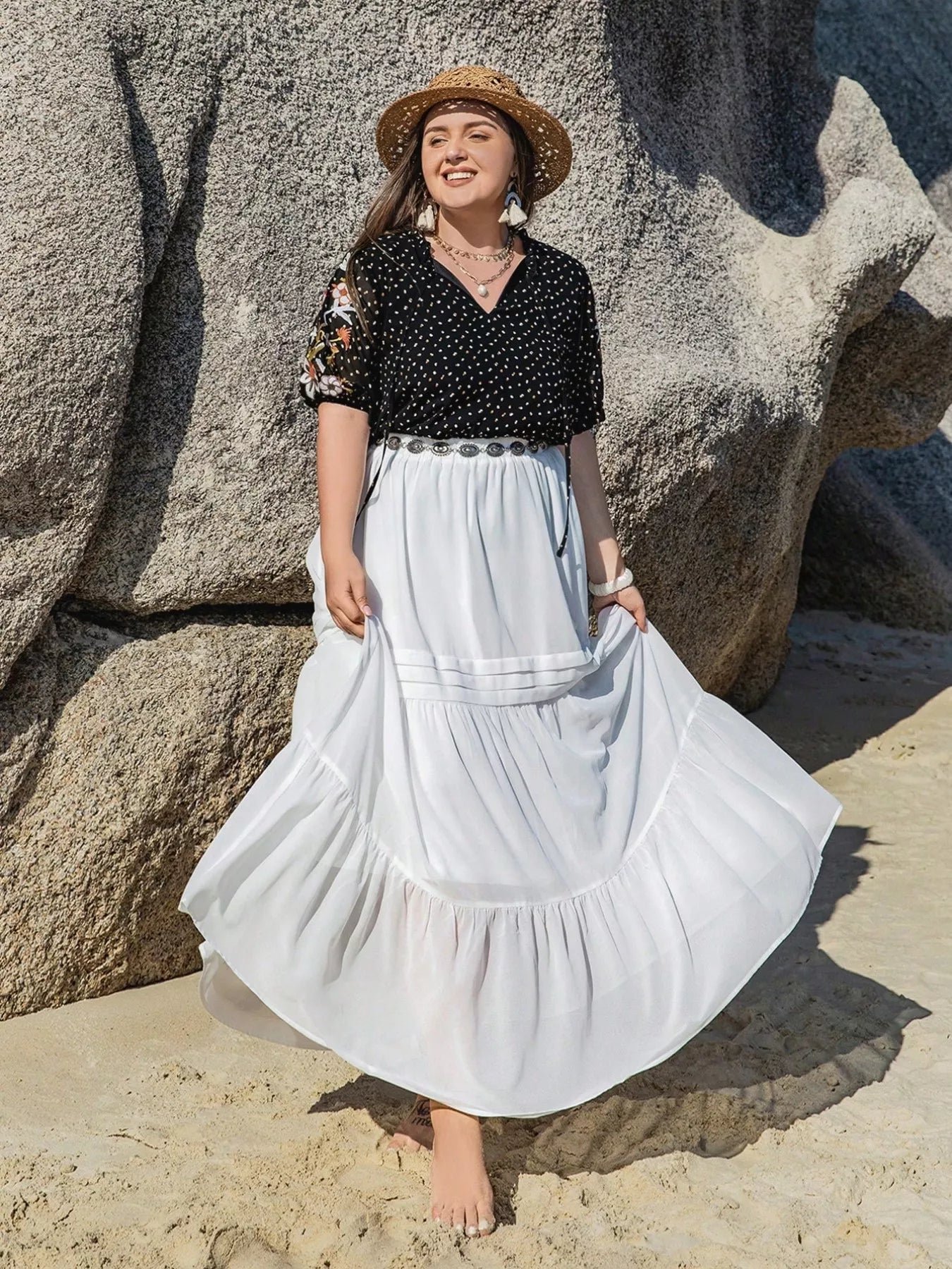Plus Size Printed Tie Neck Half Sleeve Blouse OutfitFlow