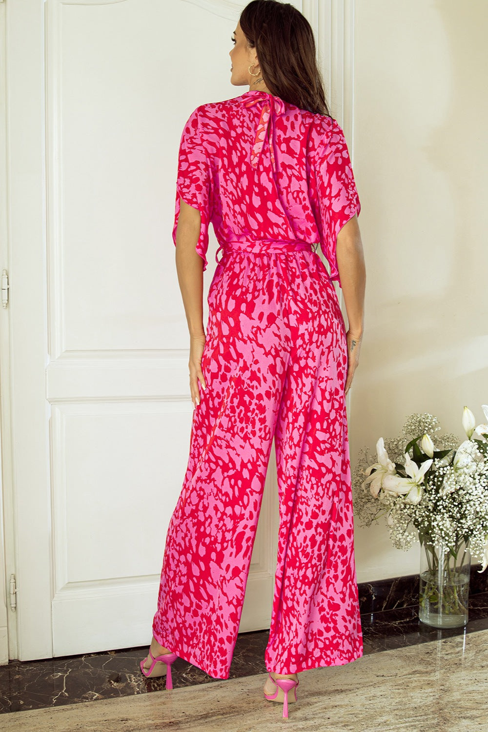 Outfit Flow - Printed Mock Neck Kimono Sleeve Jumpsuit