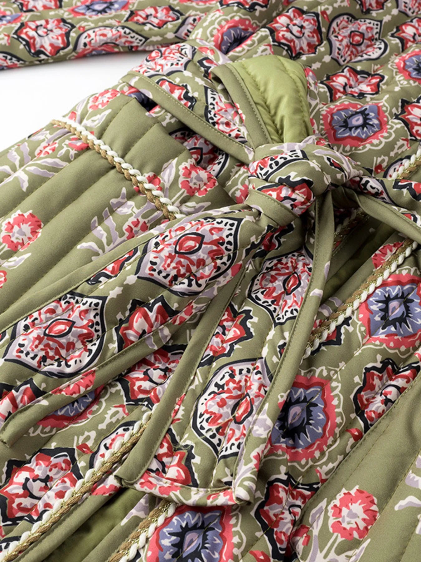 Belted Open Front Floral Winter Coat Trendsi