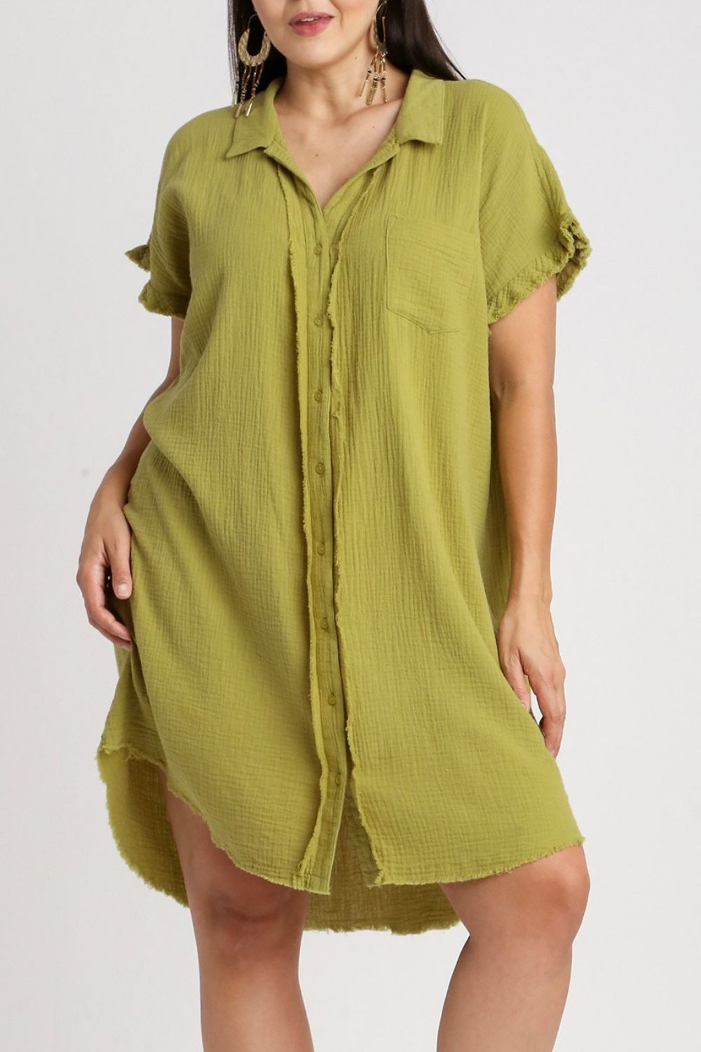 Umgee Full Size Raw Hem Button Down Short Sleeve Gauze Shirt Dress Plus Size OutfitFlow