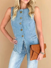 Sleeveless Button-Front Denim Vest OutfitFlow