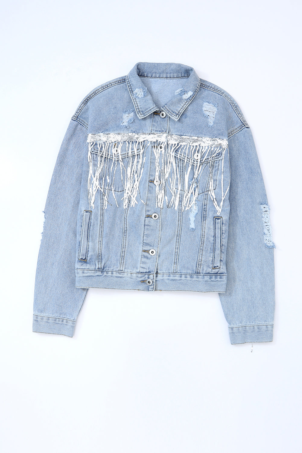 Outfit Flow - Sequin Fringe Trim Distressed Button Up Denim Jacket