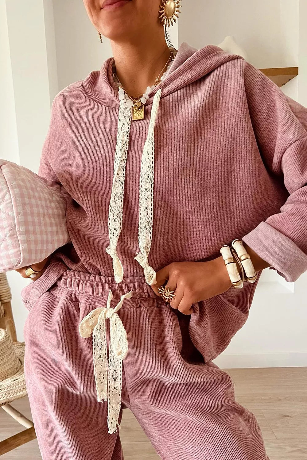 Lace Detail Dropped Shoulder Hoodie and Pants Set OutfitFlow