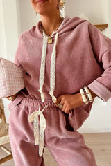Lace Detail Dropped Shoulder Hoodie and Pants Set OutfitFlow