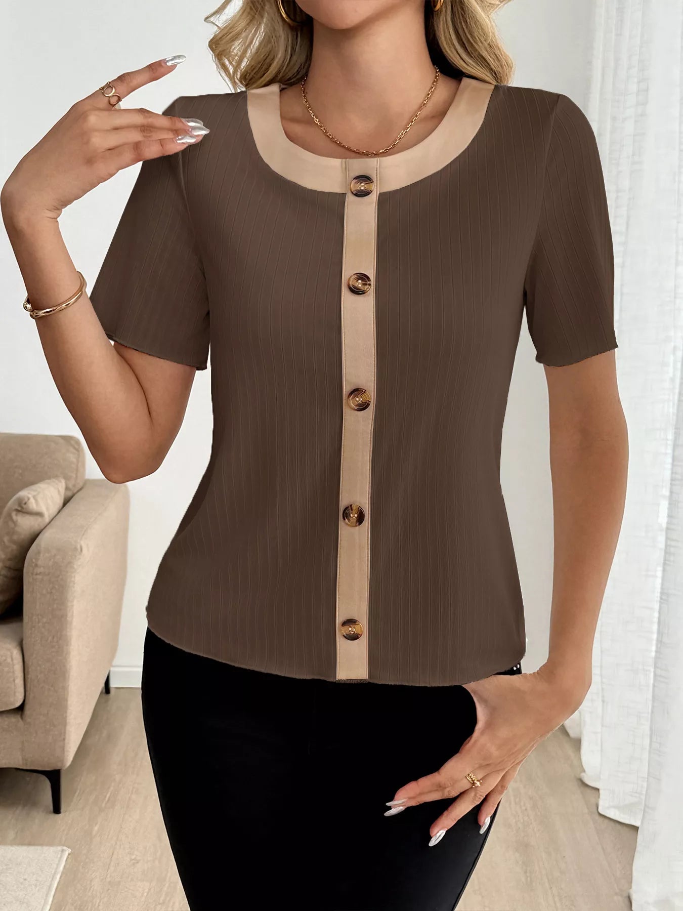 Decor Button Round Neck Short Sleeve Blouse OutfitFlow