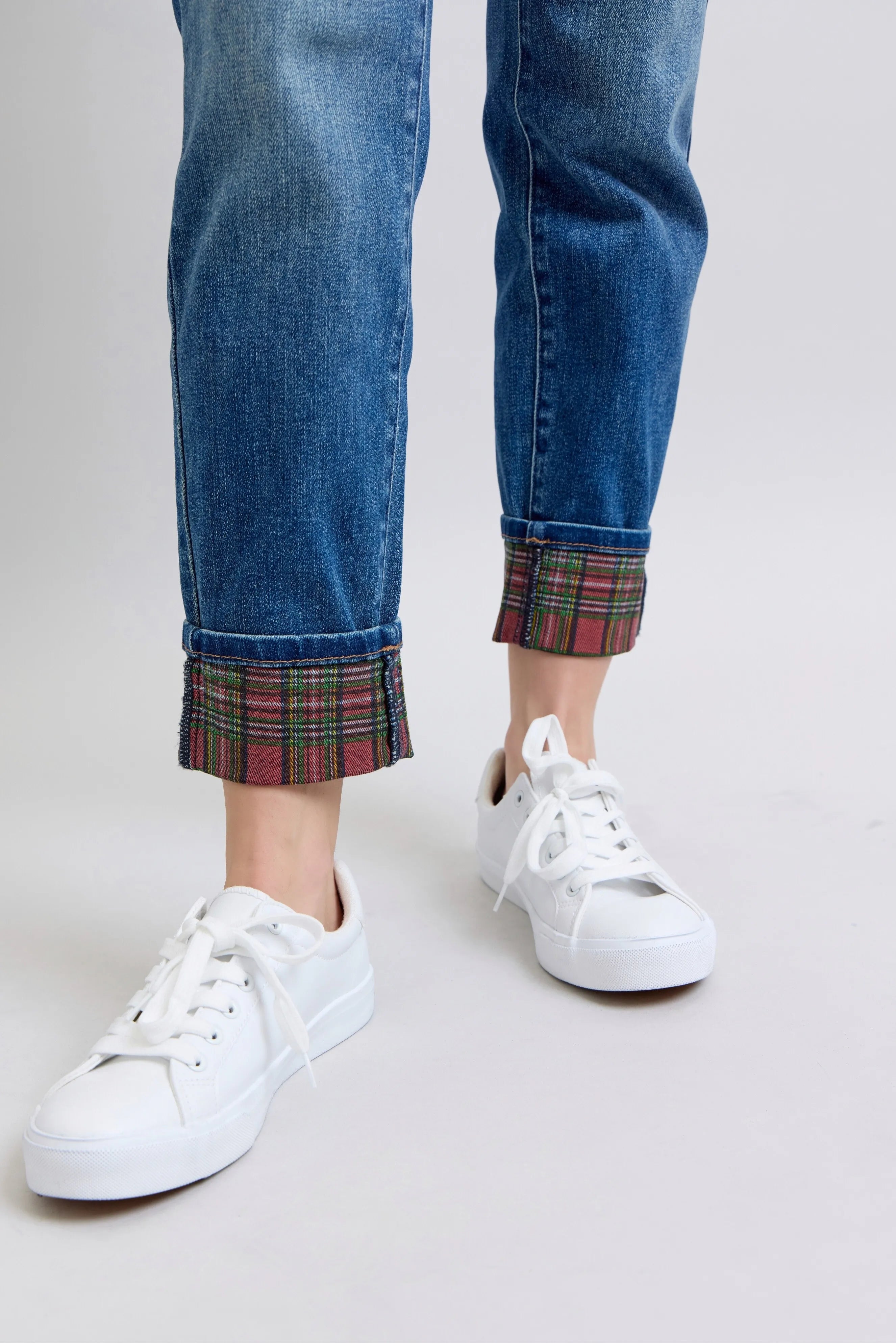 Judy Blue Full Size Mr Plaid Print Cuff Bf Jeans Plus Size OutfitFlow