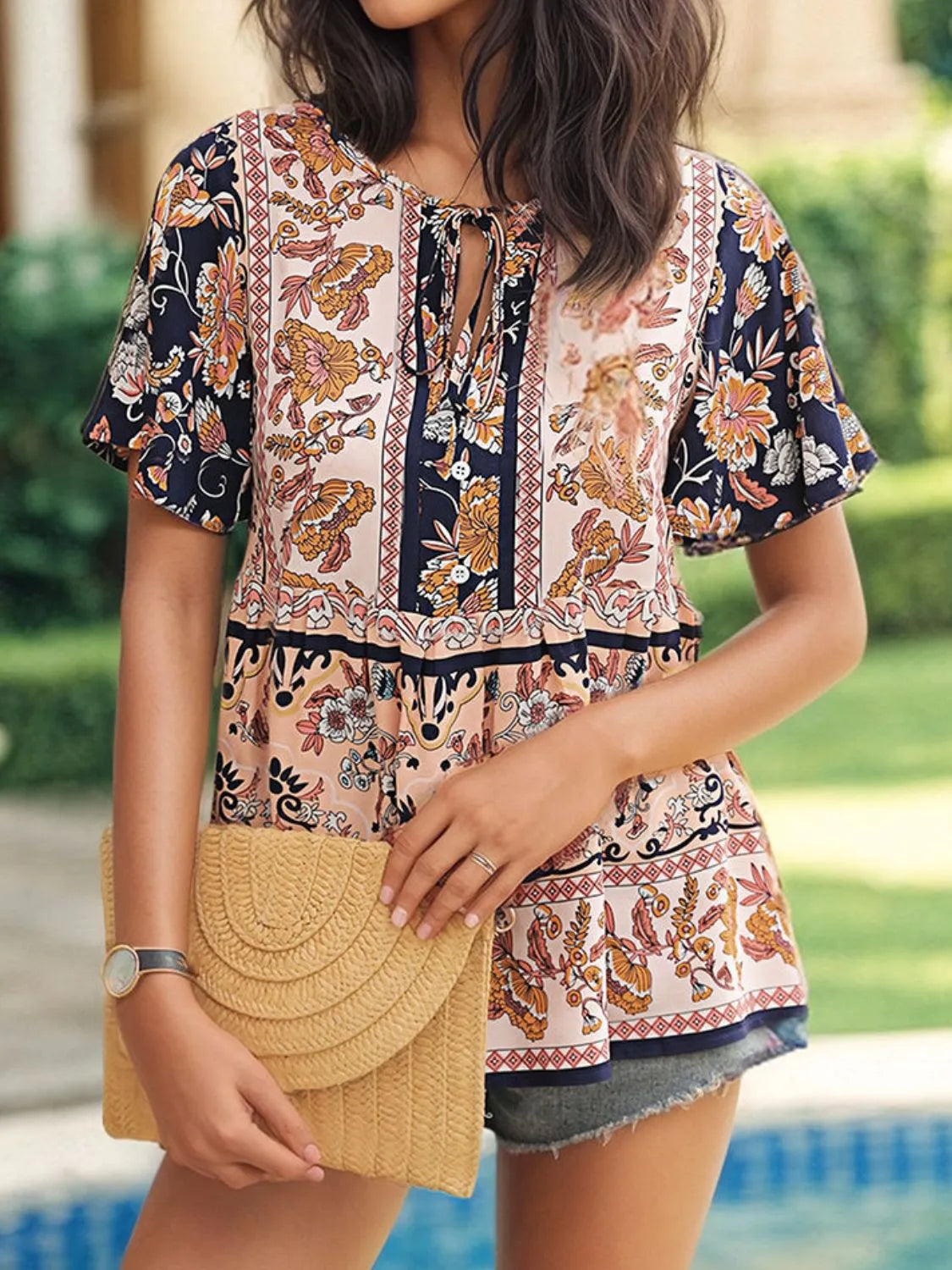 Floral Print Tie Neck Flutter Sleeve Blouse OutfitFlow
