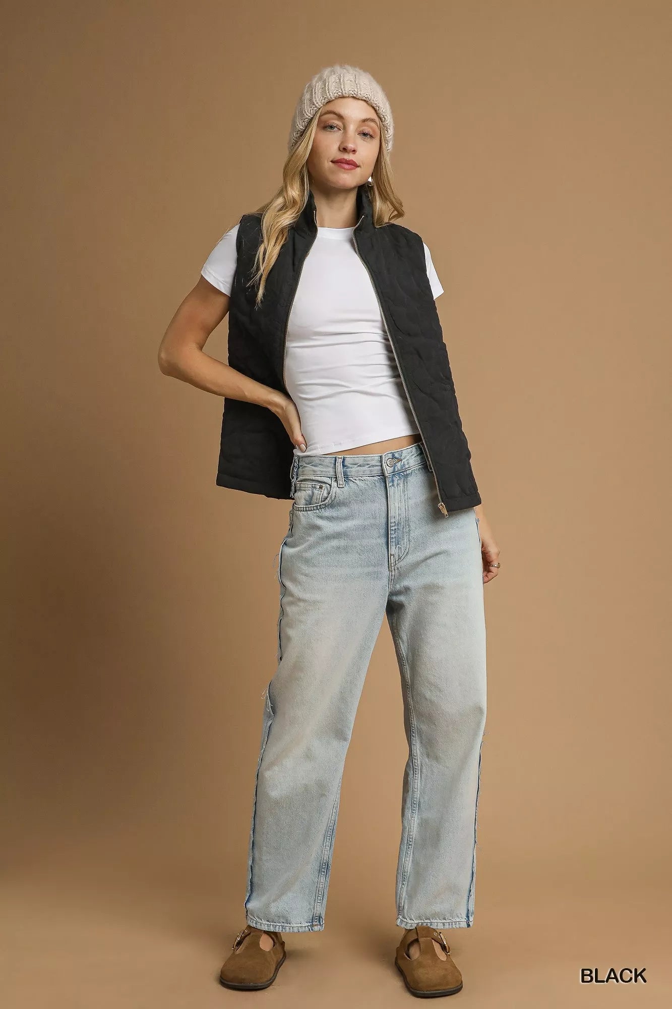 Umgee Quilted Floral Zip Up Vest with Pockets OutfitFlow