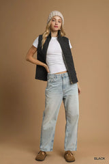 Umgee Quilted Floral Zip Up Vest with Pockets OutfitFlow