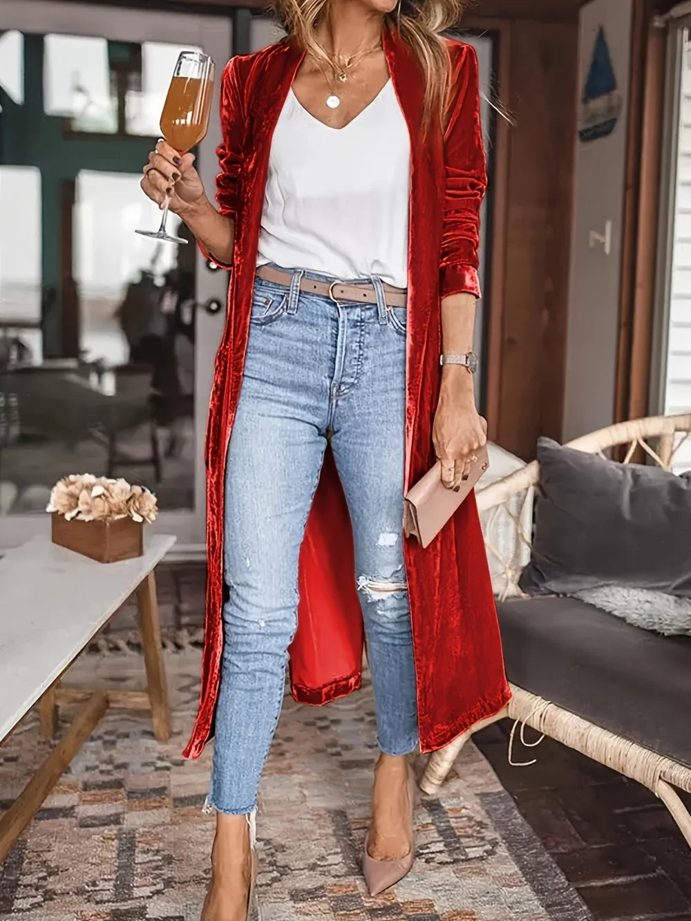 Open Front Long Sleeve Coat Burgundy Trendsi