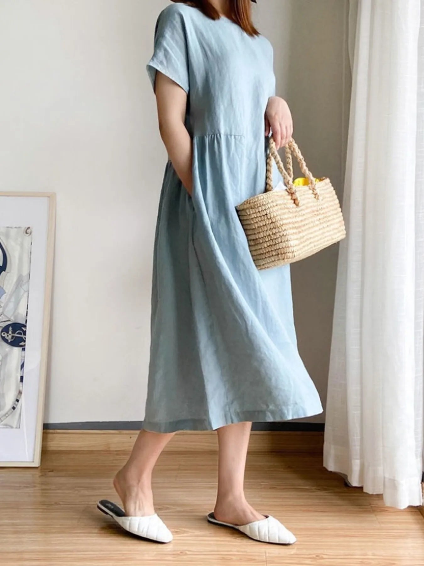 Full Size Casual Round Neck Midi Dress Plus Size OutfitFlow