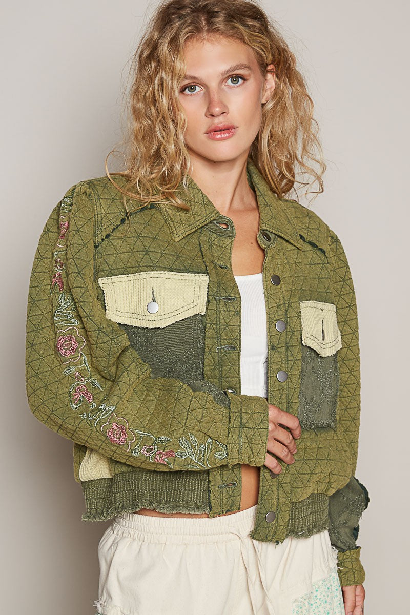 Outfit Flow - POL Embroidered Sleeve Raw Edge Quilted Jacket