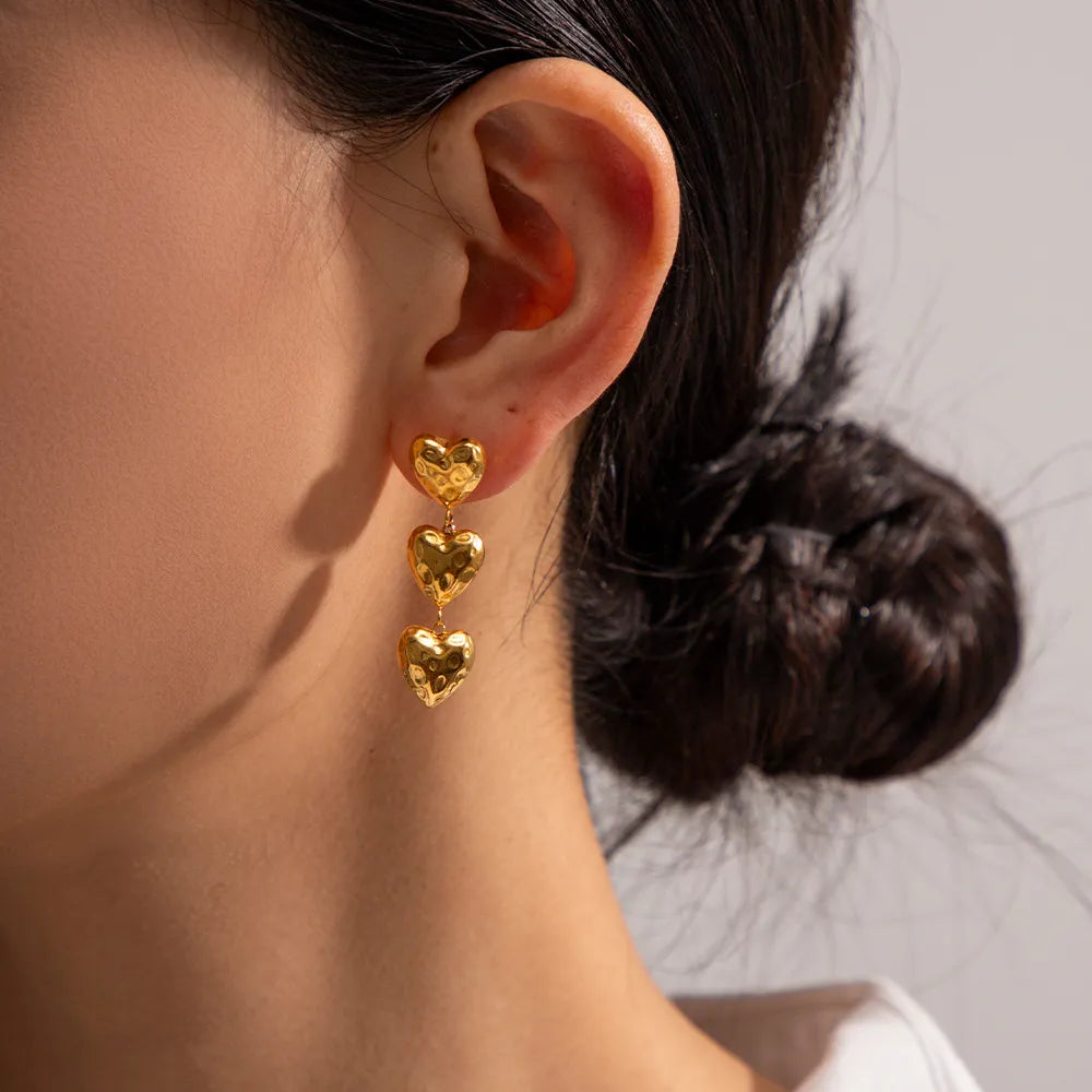 18K Gold-Plated Triple Heart Drop Earrings Gold One Size OutfitFlow