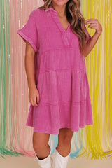 Mineral Wash Crinkle Split Neck Raw Hem Tiered Dress OutfitFlow