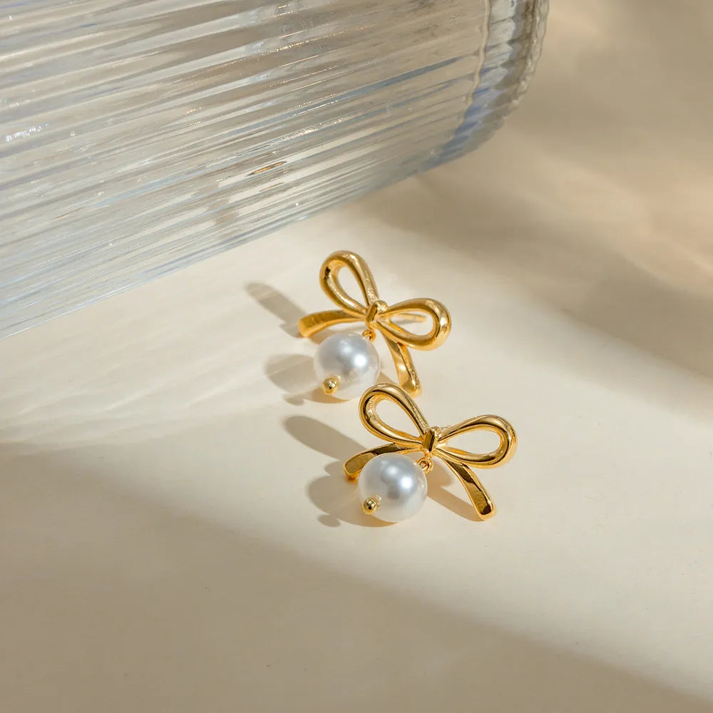 Stainless Steel Bow Pearl Earrings OutfitFlow