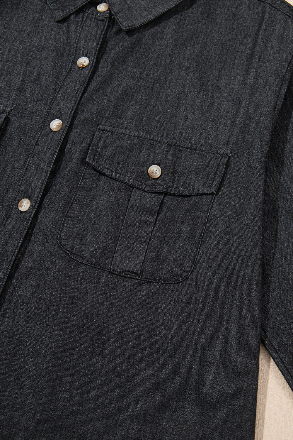 Pocketed Collared Neck Long Sleeve Denim Top OutfitFlow