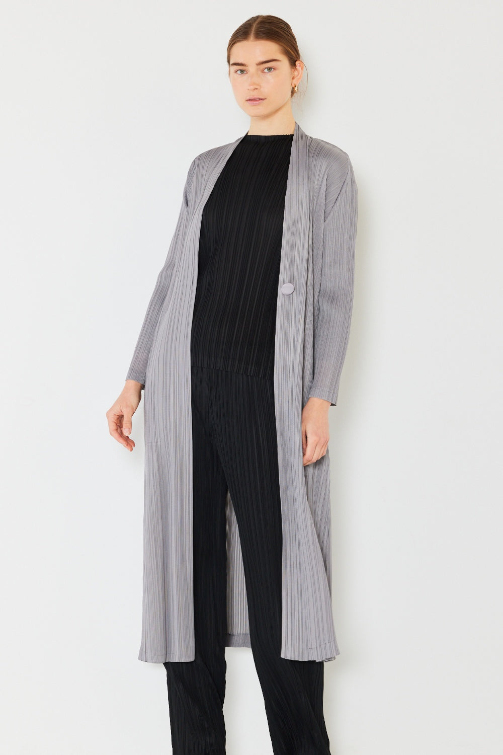 Marina West Swim Pleated Long Sleeve Cardigan Gray OutfitFlow