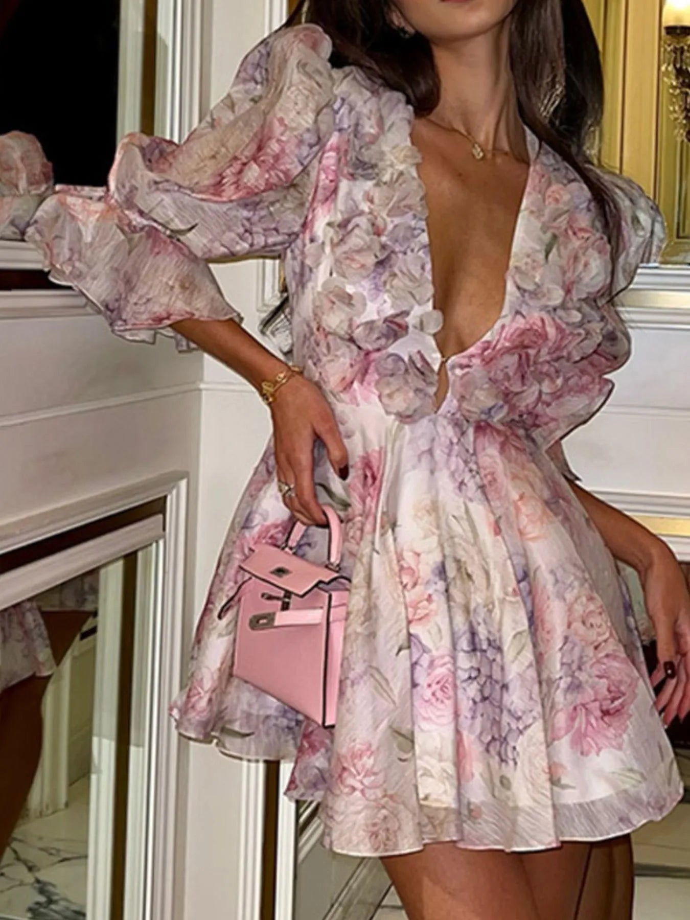 Floral Print Ruffled Mini Dress with Deep V-Neck OutfitFlow