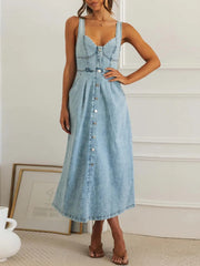 Sweetheart Neck Button-Front Midi Denim Dress OutfitFlow
