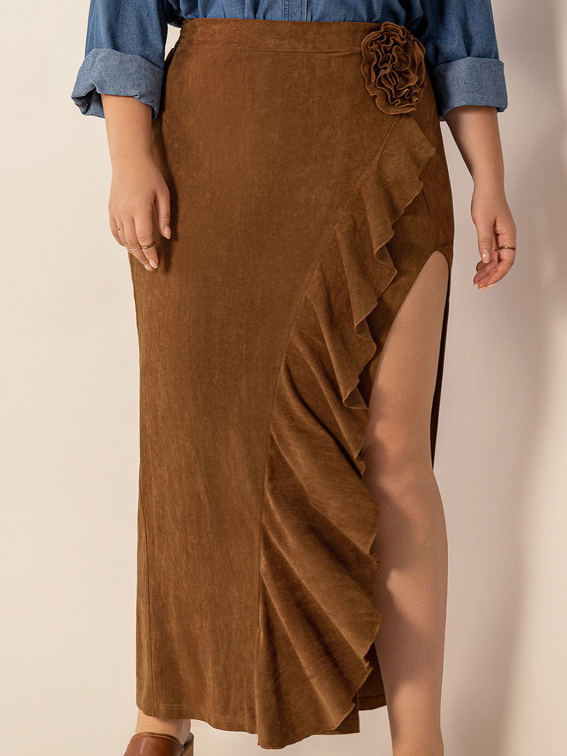 Plus Size Ruffled Slit High Rise Skirt