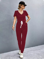 Casual V-Neck Short Sleeve Drawstring Waist Jumpsuit Trendsi