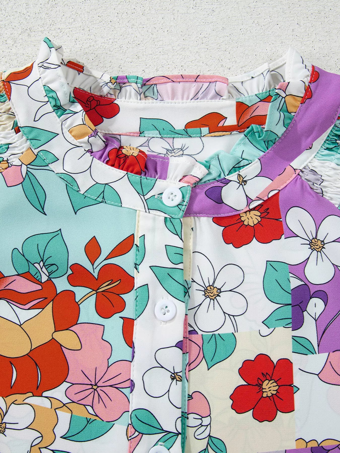 Floral Print Patchwork Frilly Neckline Long Sleeve Shirt Trendsi